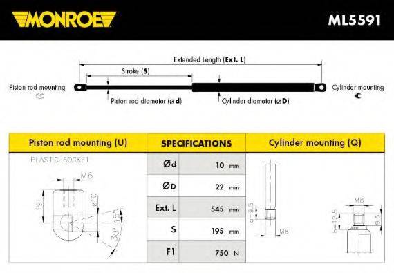 MONROE ML5591 Газовая пружина, крышка багажник