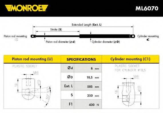 MONROE ML6070 Газовая пружина, крышка багажник