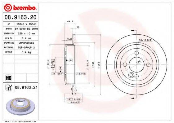 BREMBO 08916321 Тормозной диск