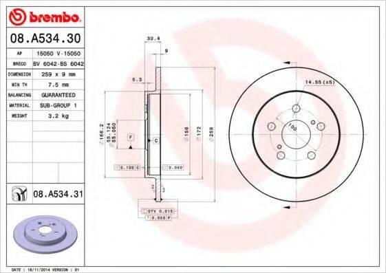 BREMBO 08A53430 Тормозной диск