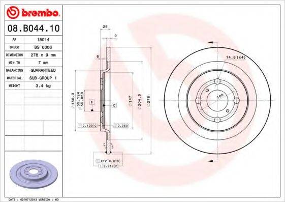 BREMBO 08B04410 Тормозной диск
