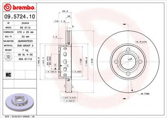 BREMBO 09572410 Тормозной диск