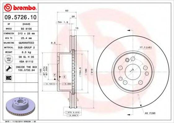 BREMBO 09572610 Тормозной диск