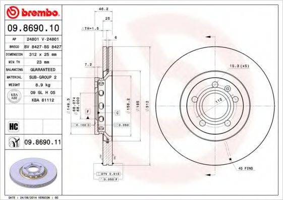 BREMBO 09869011 Тормозной диск