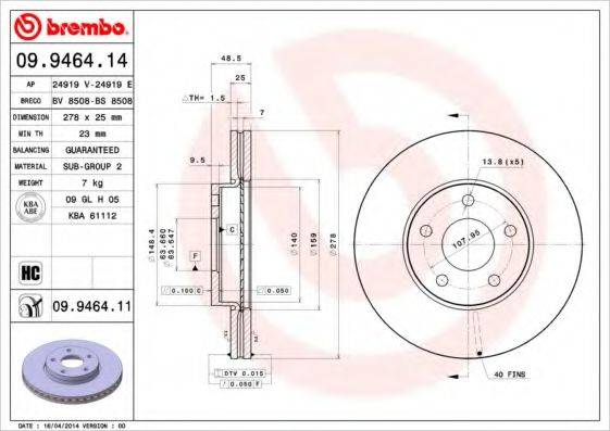 BREMBO 09946414 Тормозной диск