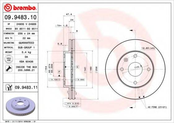 BREMBO 09948311 Тормозной диск