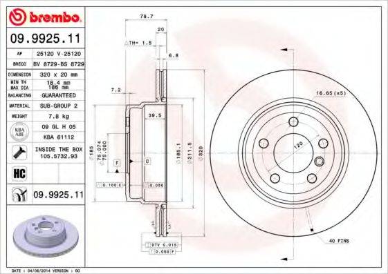 BREMBO 09992511 Тормозной диск
