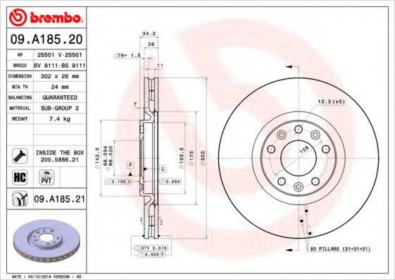 BREMBO 09A18521 Тормозной диск