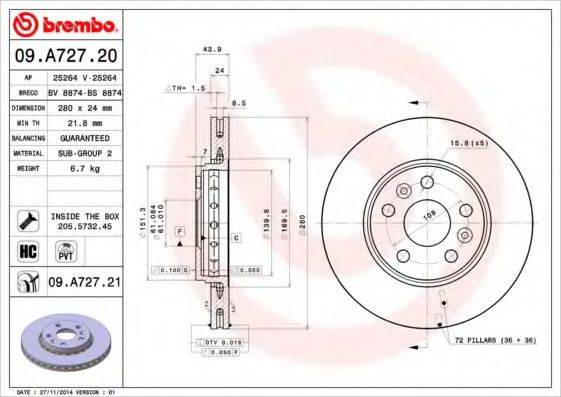 BREMBO 09A72720 Тормозной диск