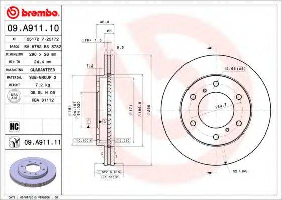 BREMBO 09A91111 Тормозной диск