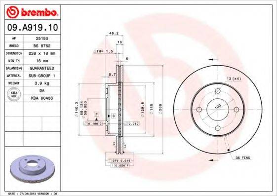 BREMBO 09A91910 Тормозной диск